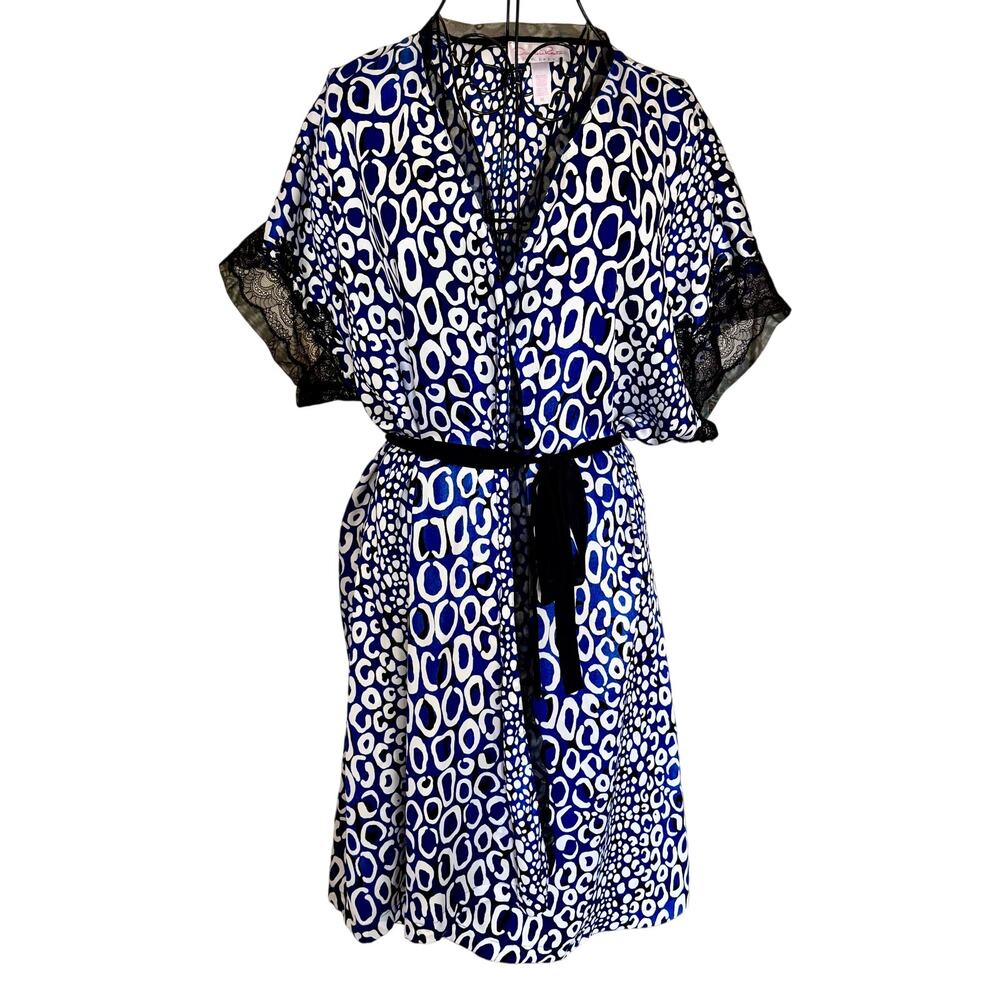Oscar de la Renta Pink Label Blue Leopard Lace Silky Satin Wrap Kimono Robe